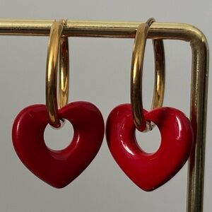 Gold and Red Heart Hoop Earrings